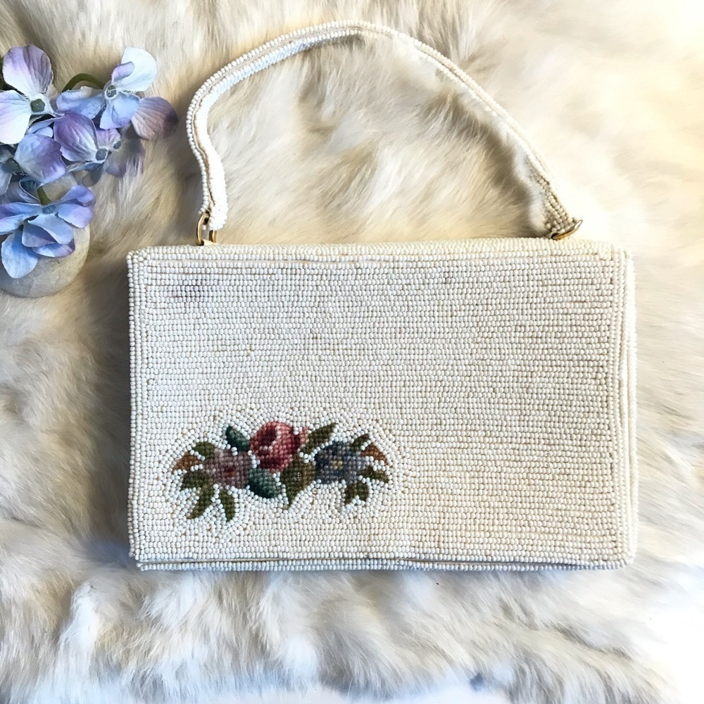 Vintage Micro Beaded Needlepoint Bag Clutch White